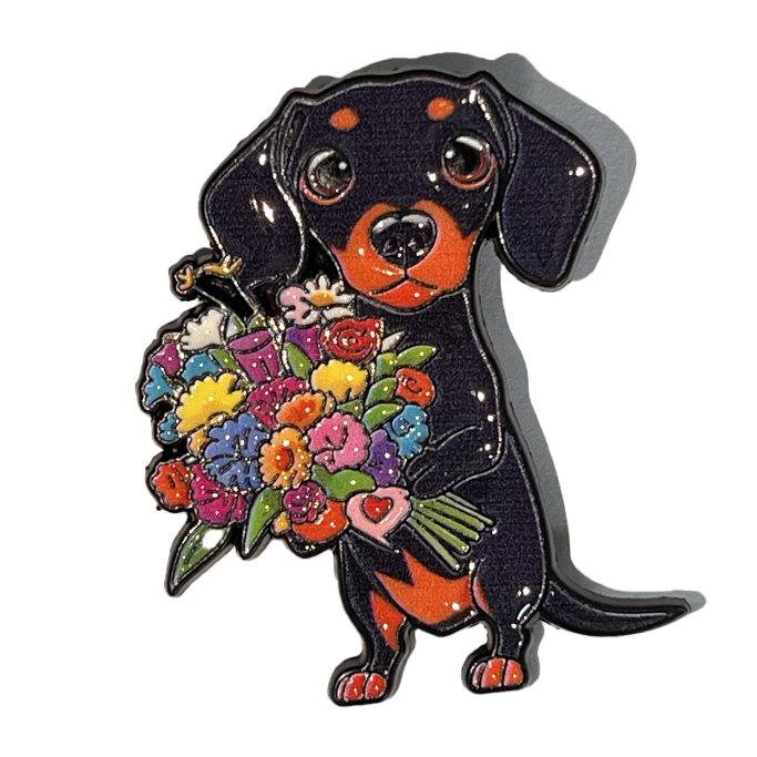 Perro Salchicha con ramo de Flores