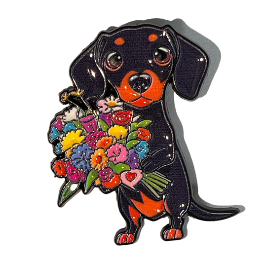 Perro Salchicha con ramo de Flores